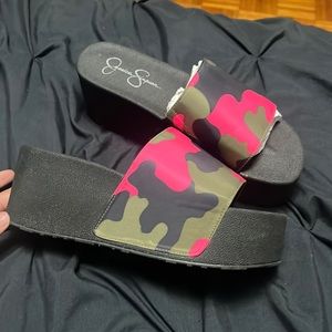 Jessica Simpson Pink/Green/Black Camo Printed Platform Sandals